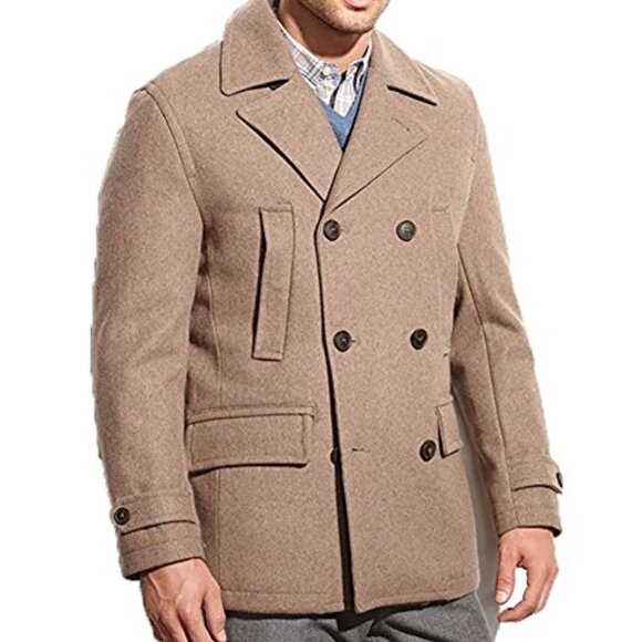 Michael Kors Delta Wool-Blend Faux-Leather-Trim Peacoat Men’s Large Brown - Picture 1 of 16